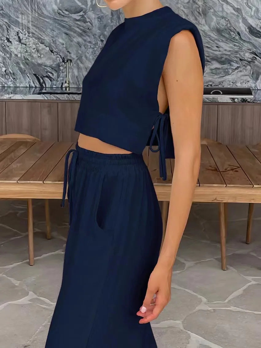 Cotton And Linen Pant Sets Women Sleeveless Leace-up Short Tops Drawstring Long Pants Two Piece Set Commuting 2025 Summer New