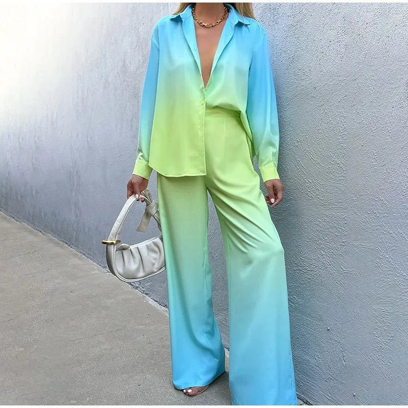 Elegant Women Two Piece Pants Set Casual Fashion Loose Long Sleeve Shirt Top High Waist Wide Leg Pants Suit Outfits Tracksuit