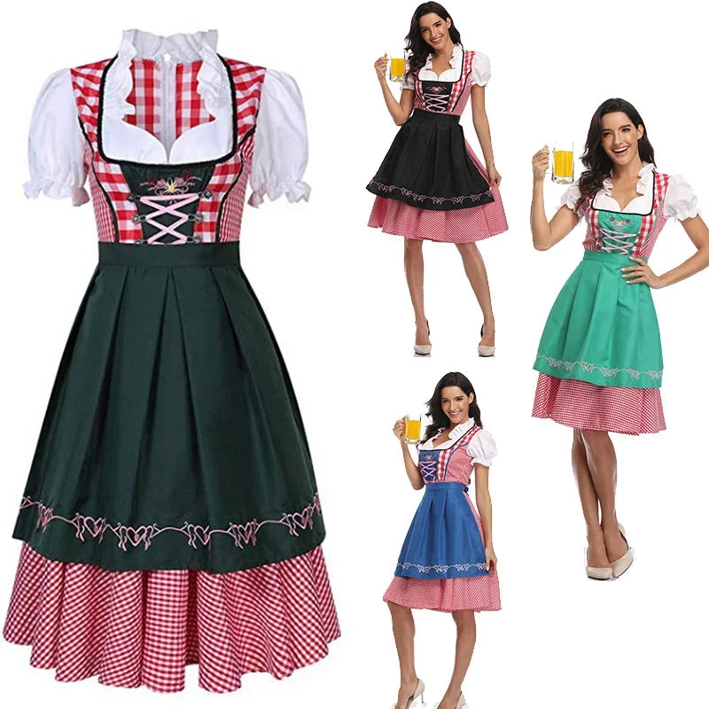 Lady Dirndl Oktoberfest Dress Women Costume Bavarian National Pink Plaid Clubwear Cosplay Halloween Carnival Fancy Party