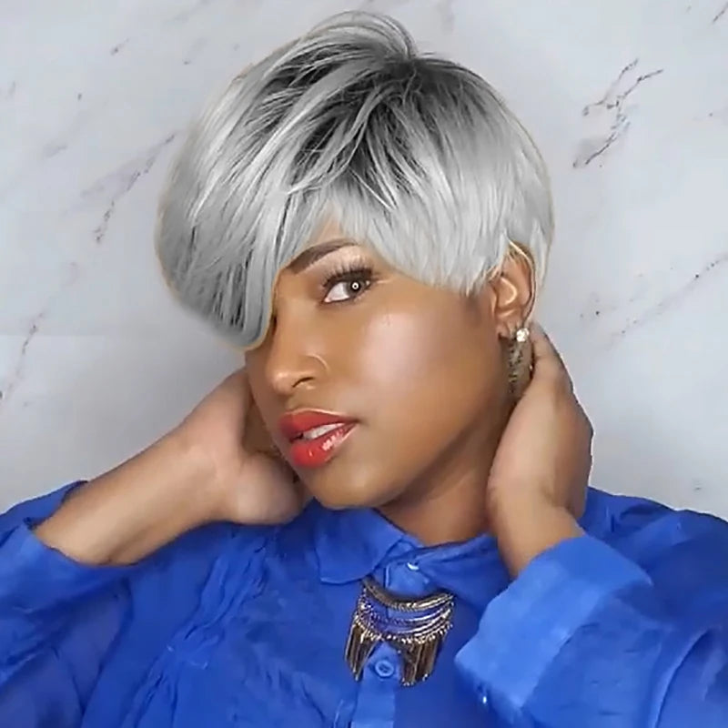 Short Natural Wave Pixie Gray New Comfortable African American Wig Capless Synthetic Hair Wig Women's All Grey / For Black Women