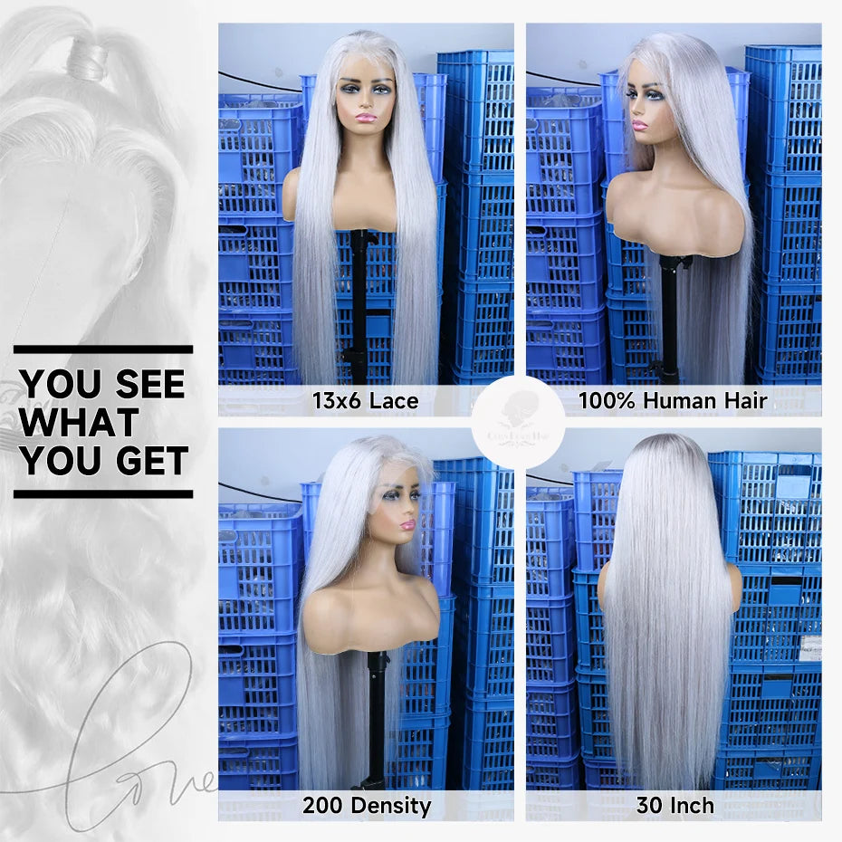 Silver Grey Straight Wigs Human Hair Brazilian 13x6 HD Lace Frontal Colored 613 Wigs Pre Plucked With Baby Hairline 200% Density