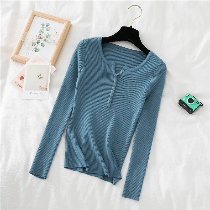 Korea Autumn Winter Button V Neck Sweater Women Basic Slim Pullover Women Sweaters And Pullovers Knit Jumper Soft Warm Tops