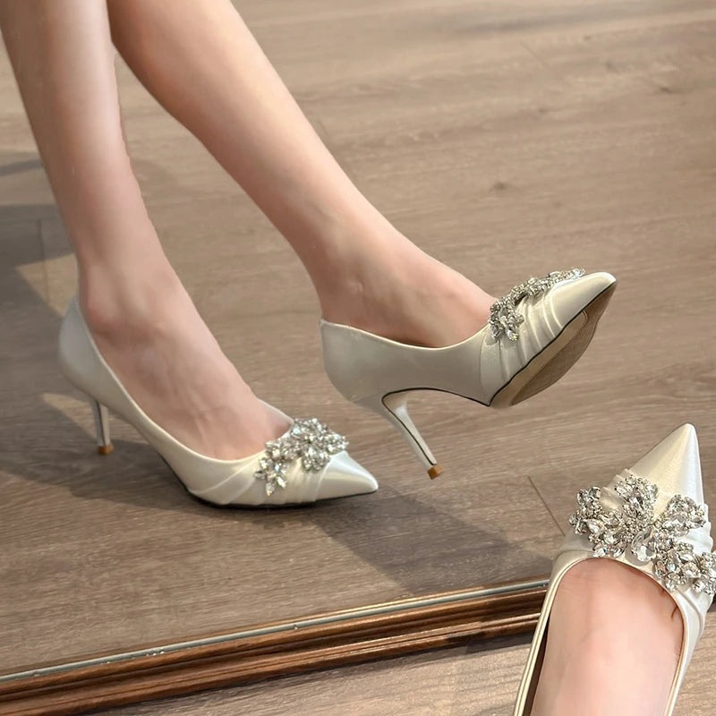 High Heels Pointed Toe Shoes Woman Lace-Up Navy Blue Pumps Sexy Sandals Slip on Shallow Mouth All-Match Footwear Spikes