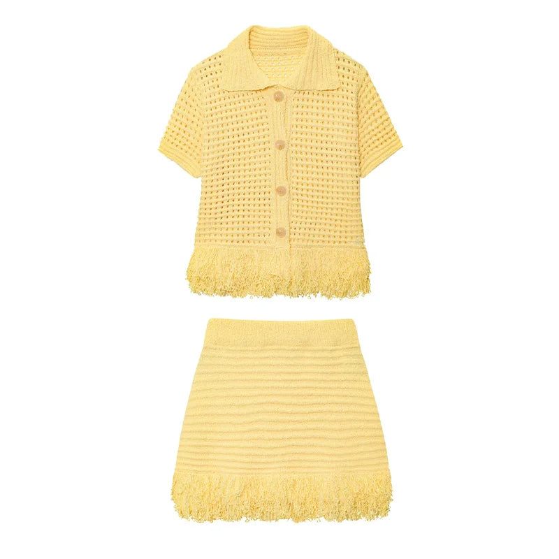 HipSeam Fringed Check Knit Skrts Sets Short Sleeved Lapel Button Tops Sexy Hip High Waist Skirts 2 Piece Set Women's Outfits