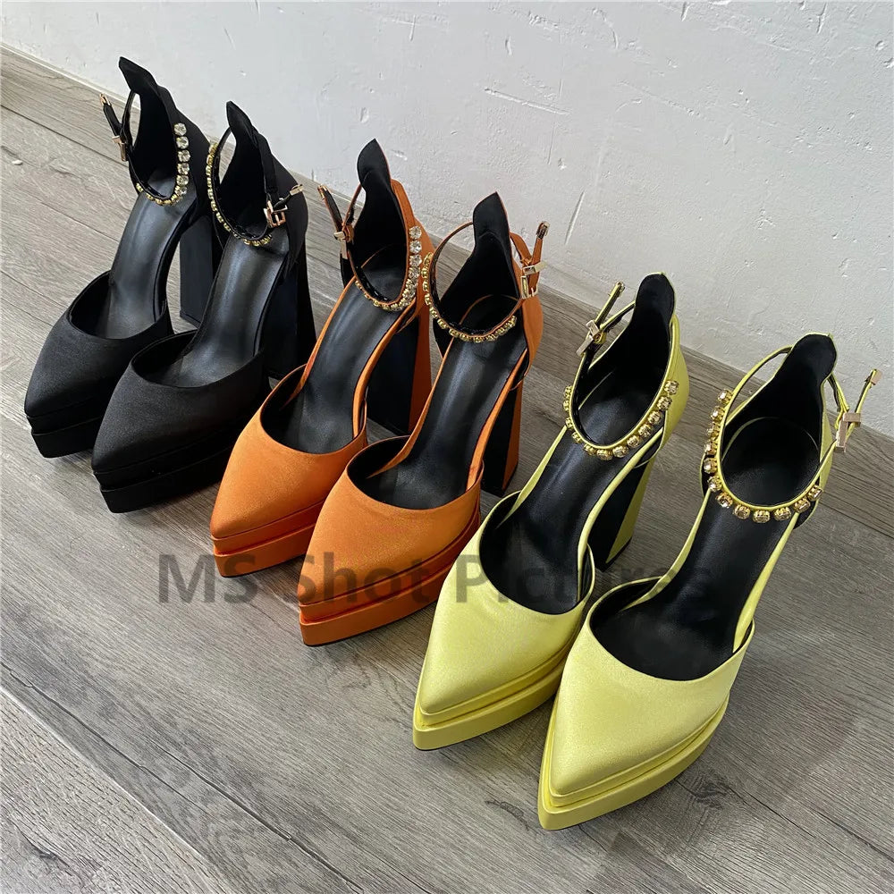 Luxury Women High Heel Shoes Platform Sandals Pointed Toe Woman Silk Pumps Sexy Rhinestone Buckle Chunky Heel Wedding Shoes 2024