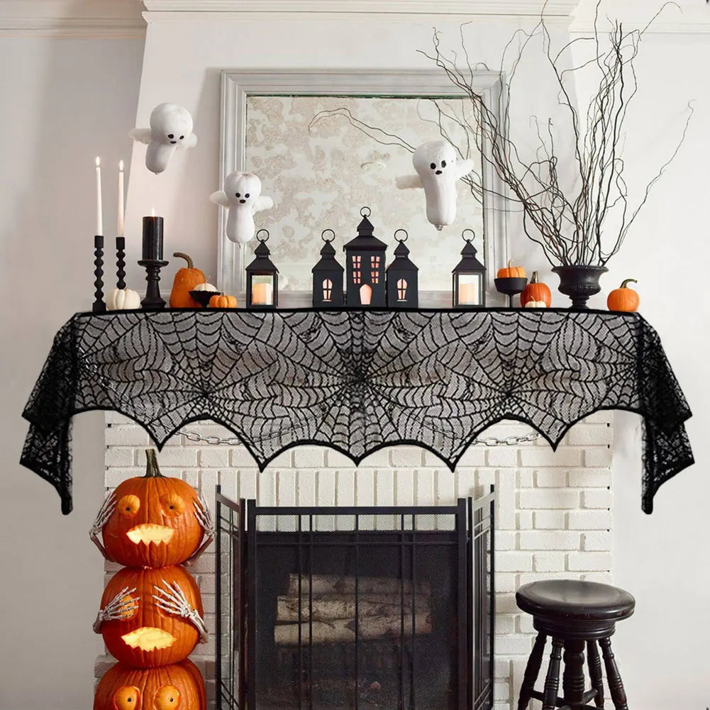 Halloween Lace Spider Web Tablecloths Black Skull Spider Web Fireplace Curtain Mantel Scarf Event Home Party Table Decorations