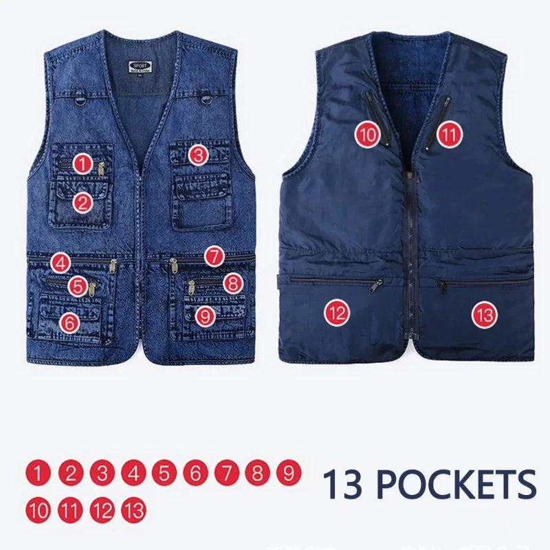 Men's Vest Coat Dark Bluemulti-pocket V-neck Fishing Sleeveless Coat Truck Driver Bicycle Denim Jacket Mountaineering Vest