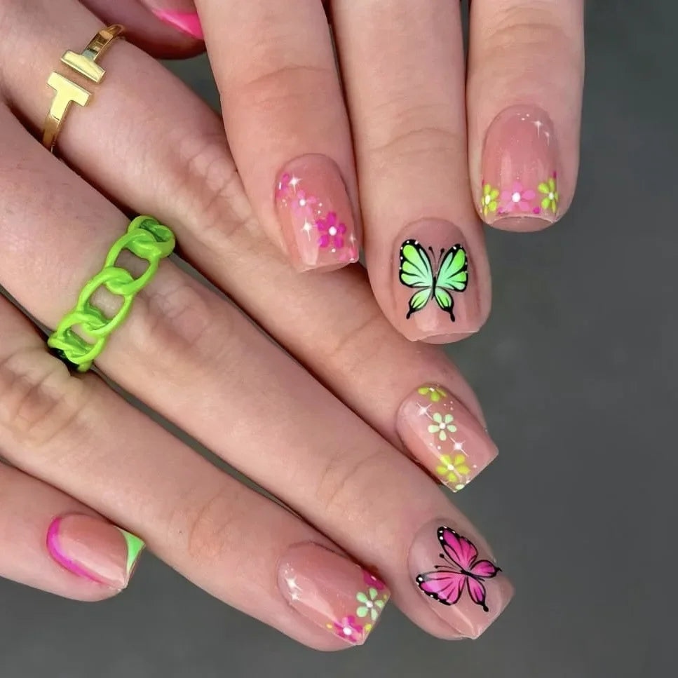 24pcs/box Glossy Short Square Fake Nails Colorful French Tip Press On Nails Flower Pattern Spring Summer False Nails For Women