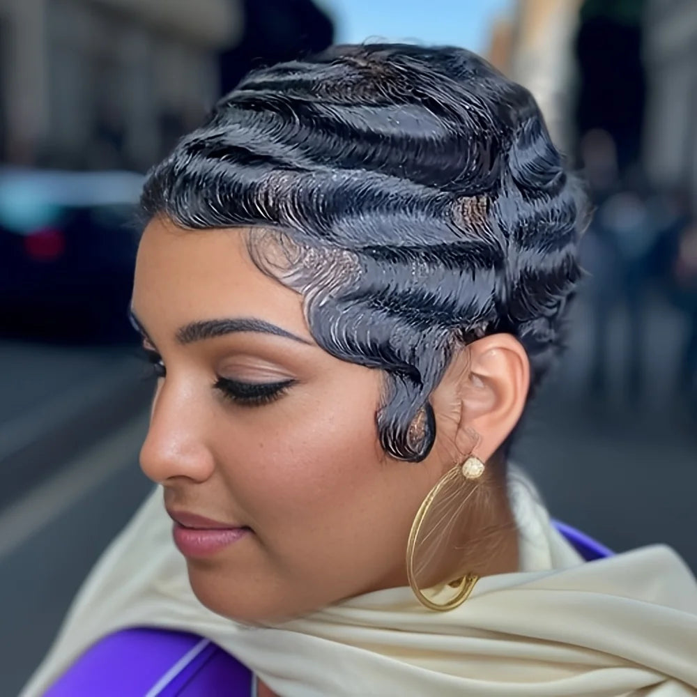 Short Finger Wave Human Hair Wig – Brazilian Water Wave Pixie Cut