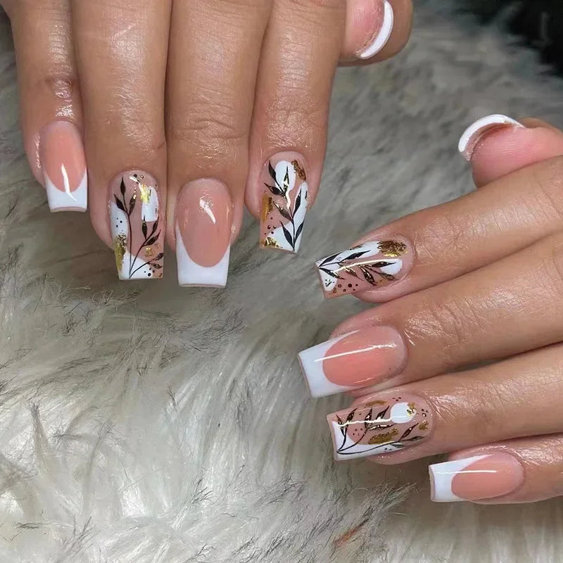 24pcs/box Glossy Short Square Fake Nails Colorful French Tip Press On Nails Flower Pattern Spring Summer False Nails For Women