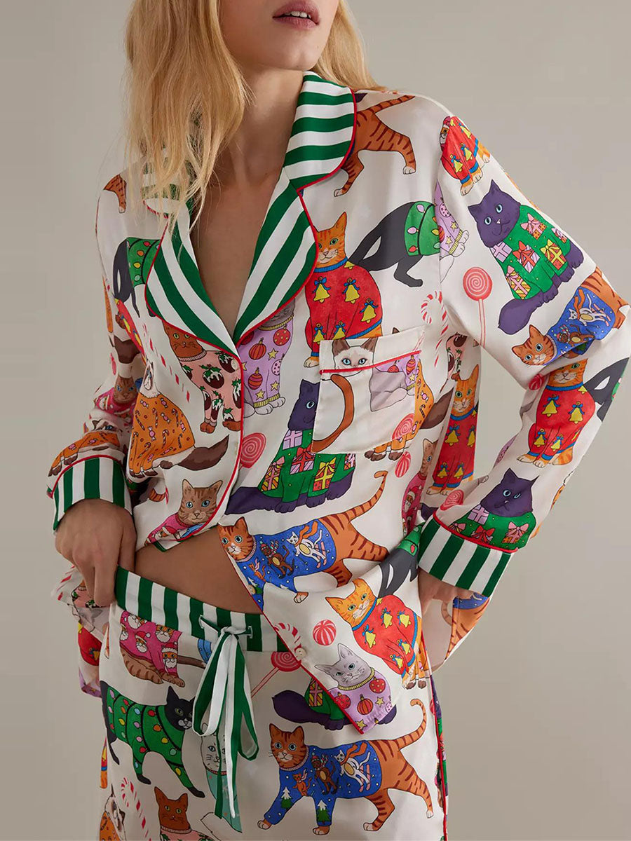 Women Pajama Set Food Animal Print Long Sleeve Button Closure Tops with Pants Sleepwear Loungewear