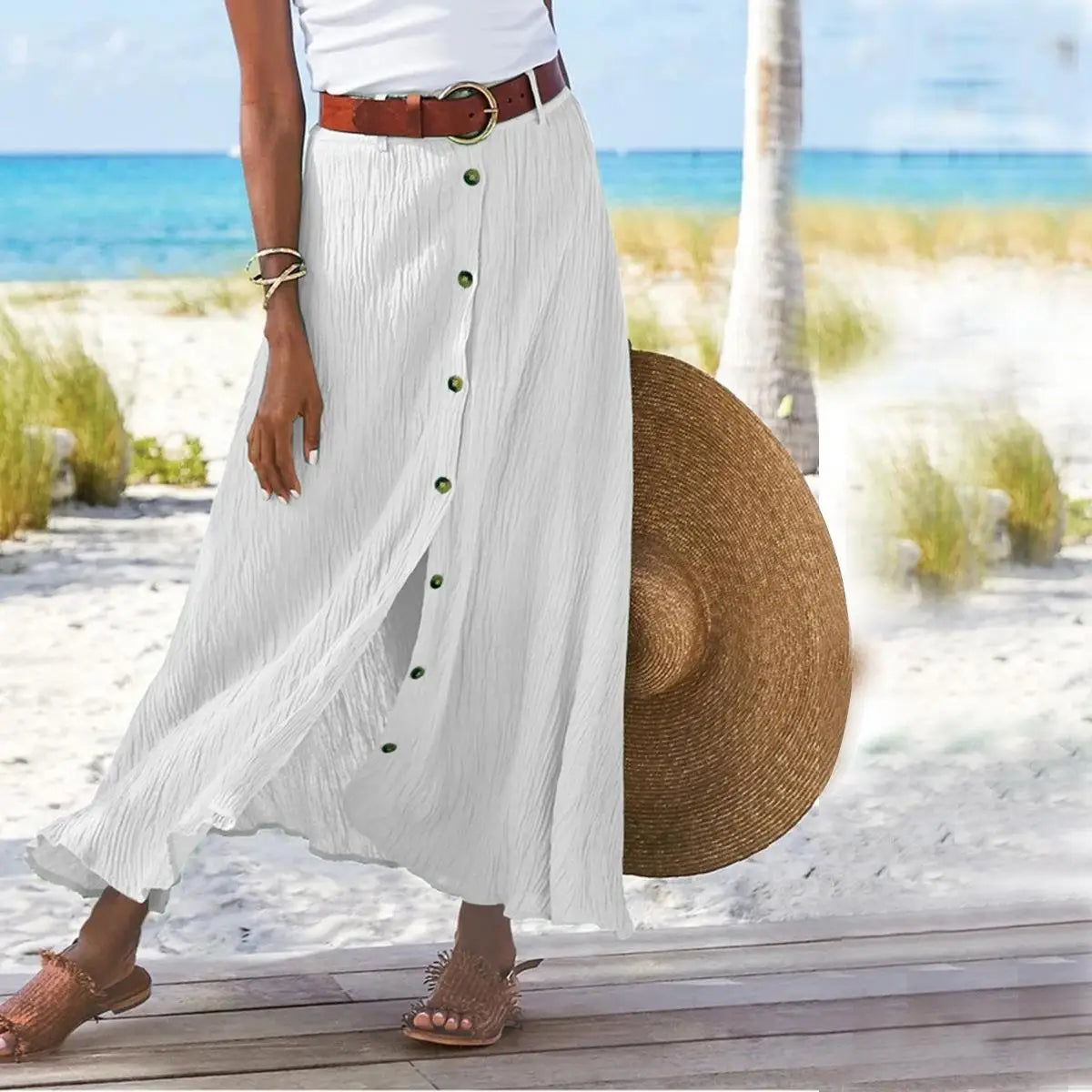 Women Skirt Spring Summer New Fashion Casual Cotton And Linen Solid Color Buttons Skirt Split A- Line Hip Waist Long Skirt