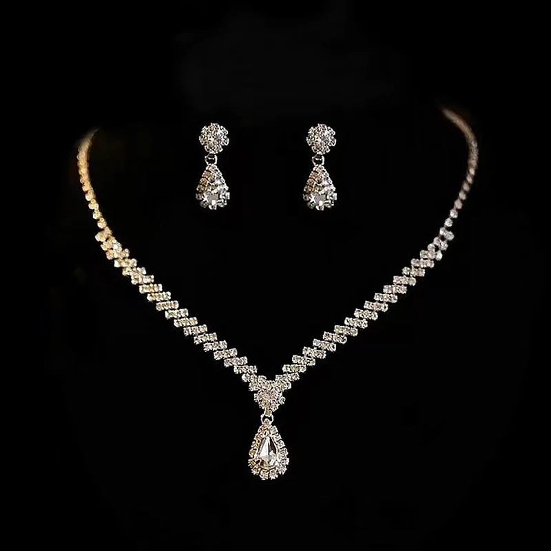 Juegos de collar y pendientes de cristal de diamantes de imitación con forma de gota de agua, 3 piezas, de moda sencilla, para mujer, boda, novia, juegos de joyas, accesorios de regalo