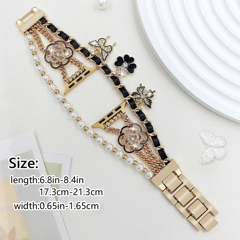 Metal Strap For Apple Watch Band Series876 SE54Ultra Women Jewelry Bracelet Chain IWatch 49mm 45mm 41mm 40mm 38 44mm Peal Wrist