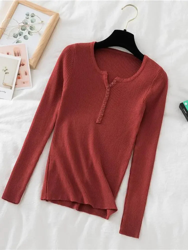 Korea Autumn Winter Button V Neck Sweater Women Basic Slim Pullover Women Sweaters And Pullovers Knit Jumper Soft Warm Tops