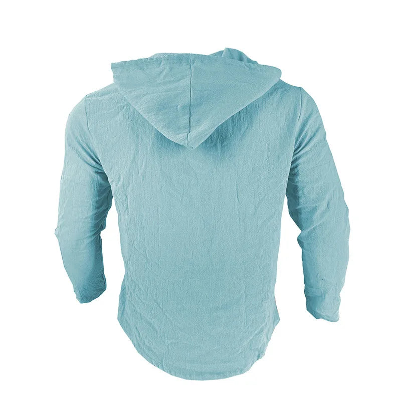 Camisas casuales de playa para hombre, de algodón y lino, con capucha, de manga larga, para hombre, holgada, de color liso, con botones, cárdigan, ropa de calle.