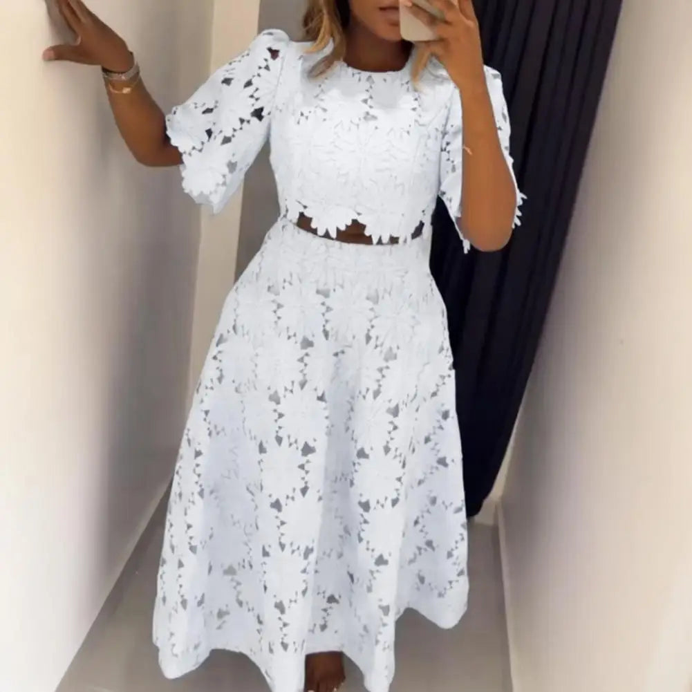 Women's 2 Piece Skirt Set Hollow Out Flower Outfits Short Sleeves Round Neck Top High Waisted Maxi Skirt Set Summer Vacation Set