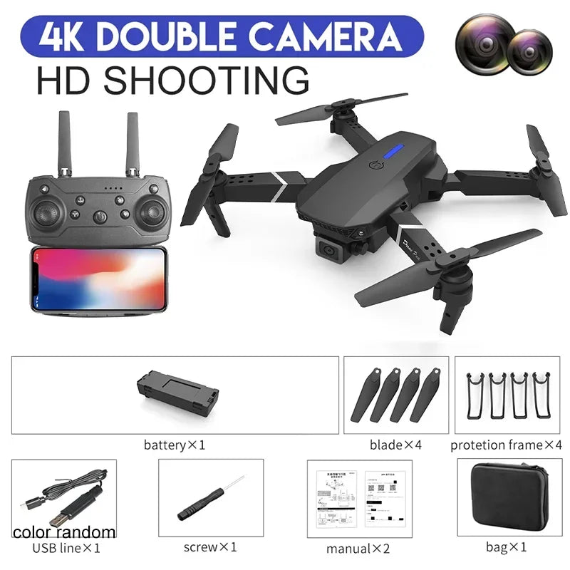 E88Pro RC Drone 4K Professinal With 3 Battery 1080P Wide Angle HD Camera Foldable Helicopter WIFI FPV Height Hold Gift Toy