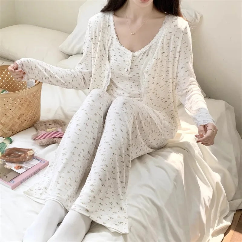 Three-Piece Pajama Set for Women Floral Lace Sweet Cardigan Camisole Homewear Long Sleeves Long Pants Fancy Underwear Ladies