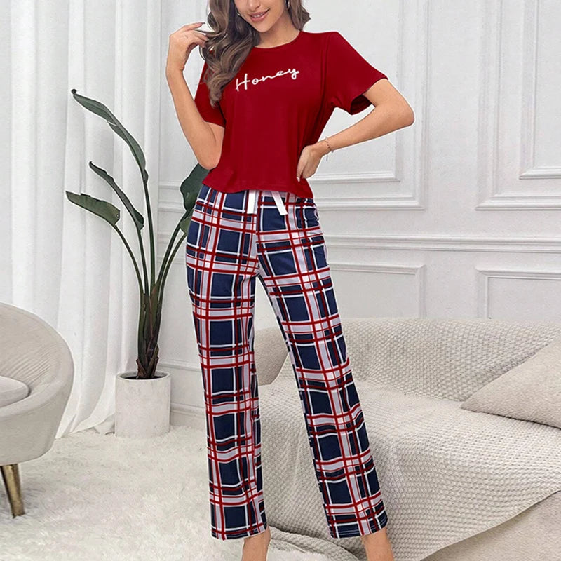 Women's Pajamas Set Soft Comfortable Letter Print T-Shirt & Plaid Long Pants Sleepwear 2 Pieces Home Clothes Loungewear Pyjama