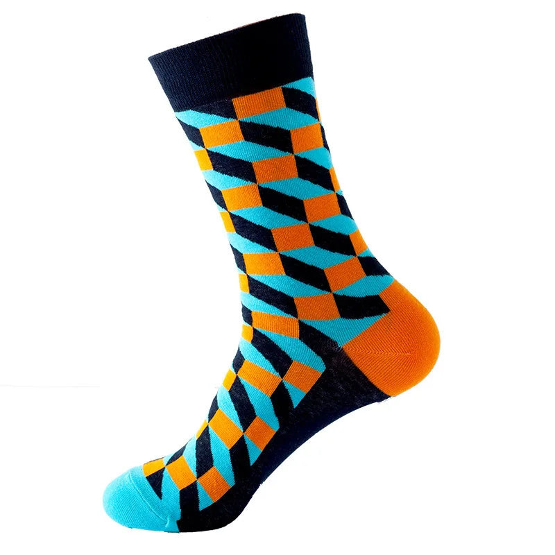 49 Patterns Fashion Business Men 100% Cotton Happy Lattice Socks Unisex Boys Combed Hip Hop Street Skateboard Funny High Sox Set