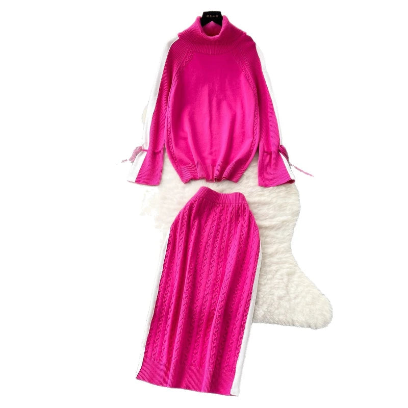 Two Piece Sets Women Skirt Set Turtleneck Knitted Full Sleeve Tops Mid Length Skirts Wrap Hip High Waist Y2k Streetwear Elegant
