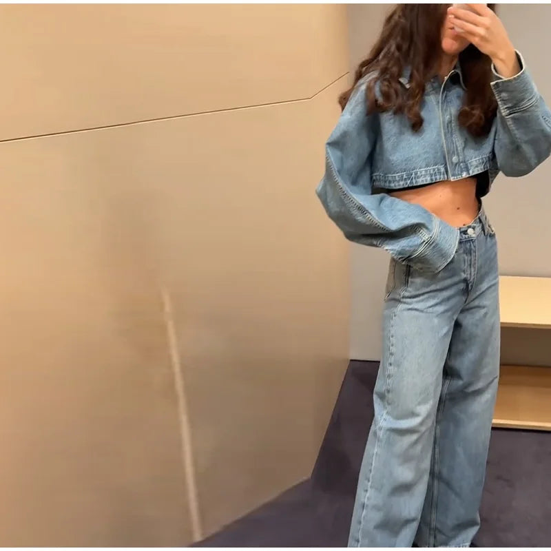 Women Denim Short Tops Pants 2 Piece Sets Lapel Baggy Long Sleeves Coats Straight Wide Leg Loose Jeans Suits 2025 Summer Outfits