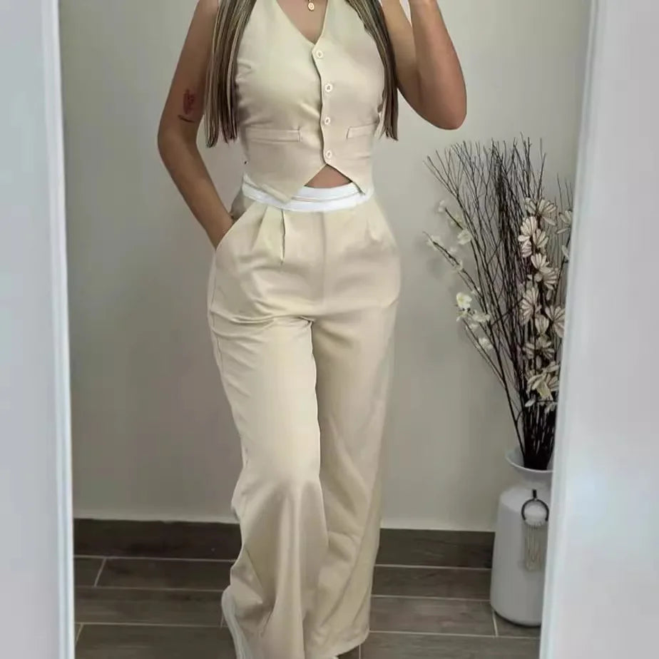 Elegant Two Piece Sets For Women  Summer Buttoned Vest Top & Pocket Decor High Waist Wide Straight Leg Pants Set Streetwear
