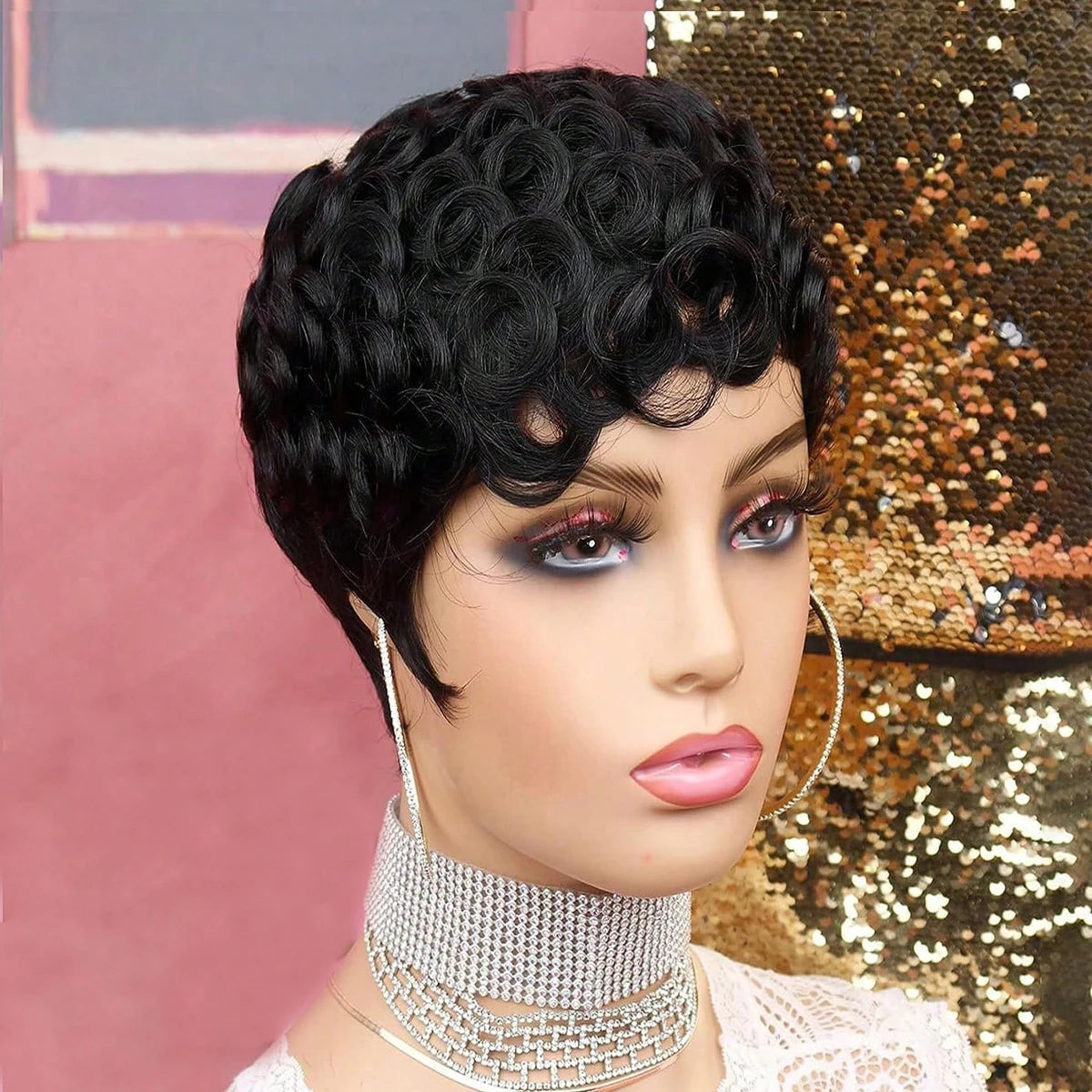 Black Pixie Cut wig for with Bangs Short Pixie Curly Layered Curled Natural Wavy  Short Curly Layered Pixie Wig for Women