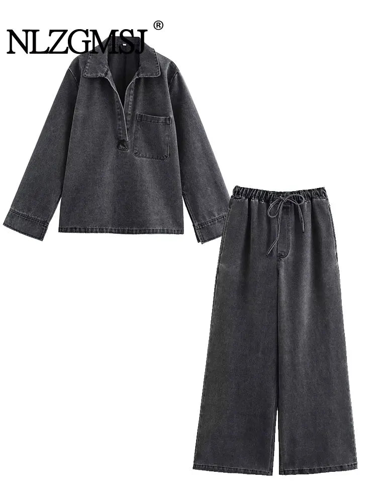 autumn Drawstring Wide Leg Pants Sets Women 2 Pieces Fashion Denim Top Women Suit Casual Two Piece Set Women Outfit
