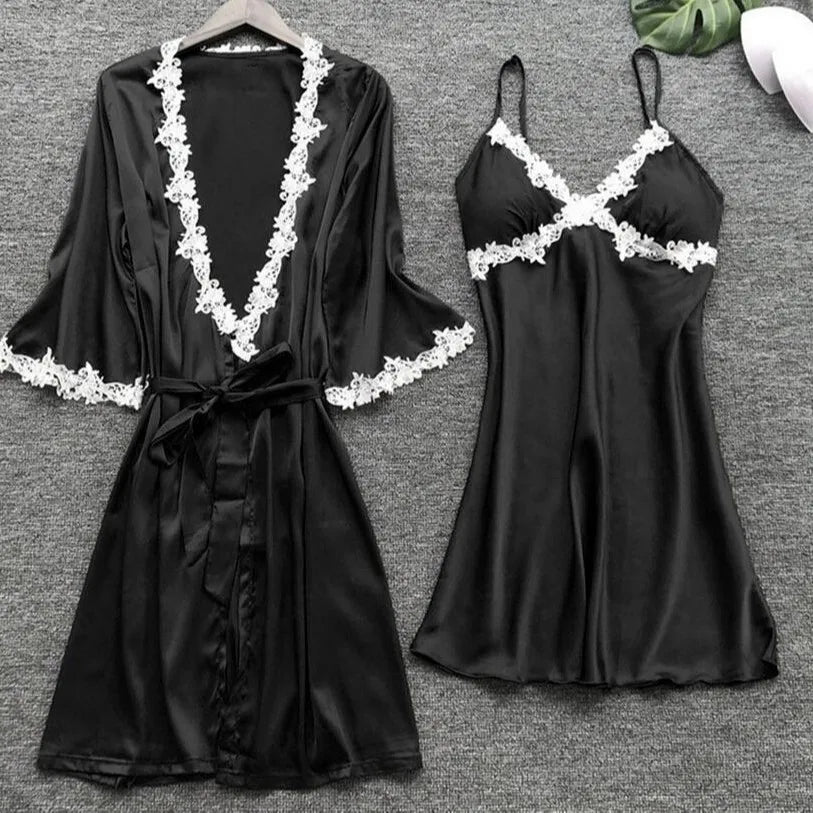 Pajamas Five Piece Set Sexy Lace Trim Nightgown Nightwear Spring Summer Women Bath Robe Loose Satin Home Wear Pijamas Suit
