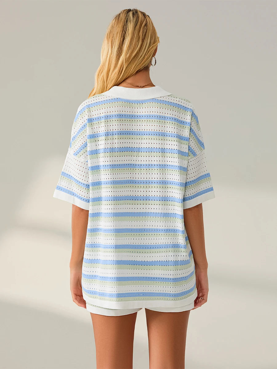 Conjunto de Pijama de Mujer de 2 Piezas Trajes de Salón Verano Rayas Contraste de Color Botón Tops de Punto de Ganchillo y Pantalones Cortos Conjuntos de Salón Playa