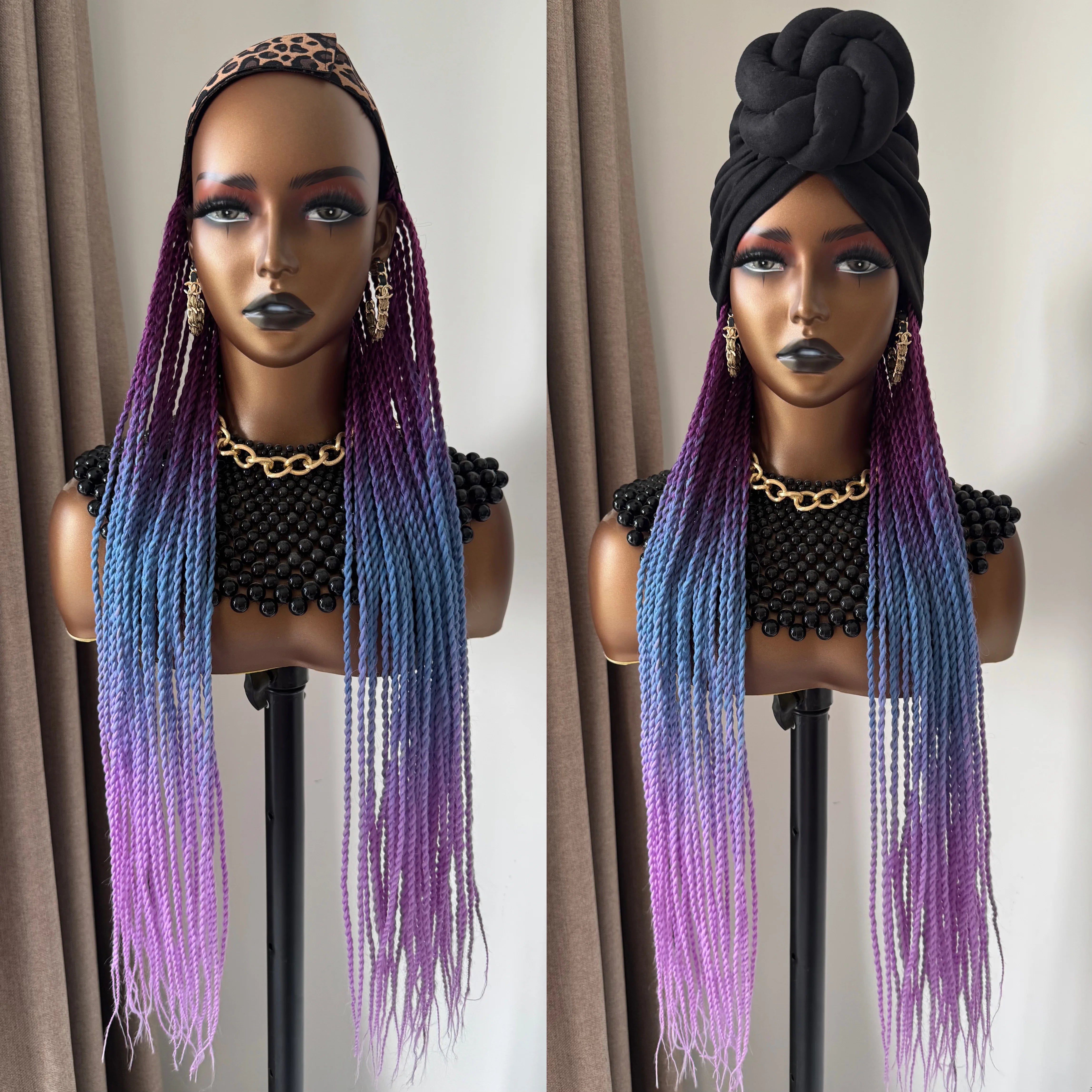WIGERA Long 24Inch Ombre Fantasy Senegalese Twist Braided Synthetic Wig With Headband Turban Modular Design For Black Women