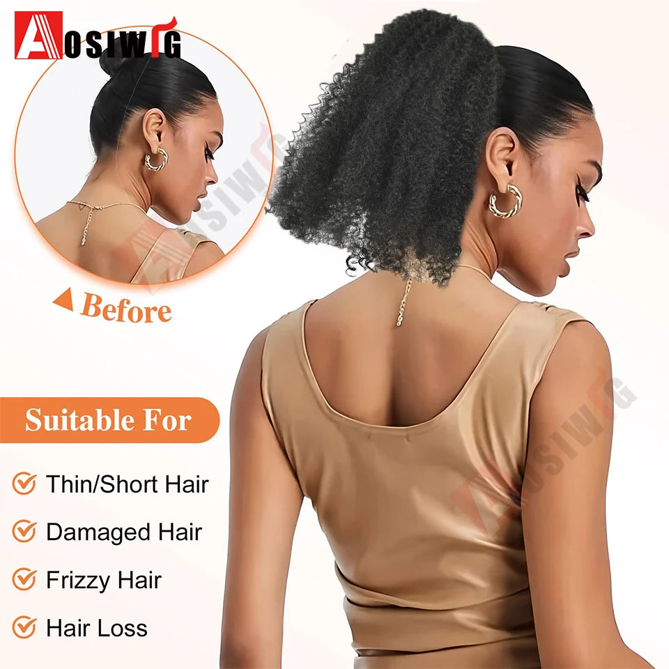 Elastic Rubber Band Ponytail Extended by 10 inches Short African Curly Ponytail African Women Fluffy Ponytail Synthetic Wig