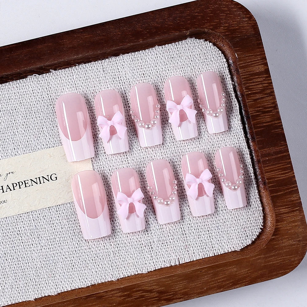 24Pcs 3D Stereo Bow Pearl French False Nails Pink Long Coffin Wearable Ballerina Fake Nails Full Cover Acrylic Press on Nail Tip