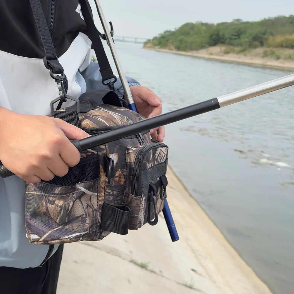 Mochila de pesca, caja de señuelos, bolsa de almacenamiento de aparejos, riñonera para hombres, mochila de pesca con mosca con soporte para caña, bolsa de hombro.