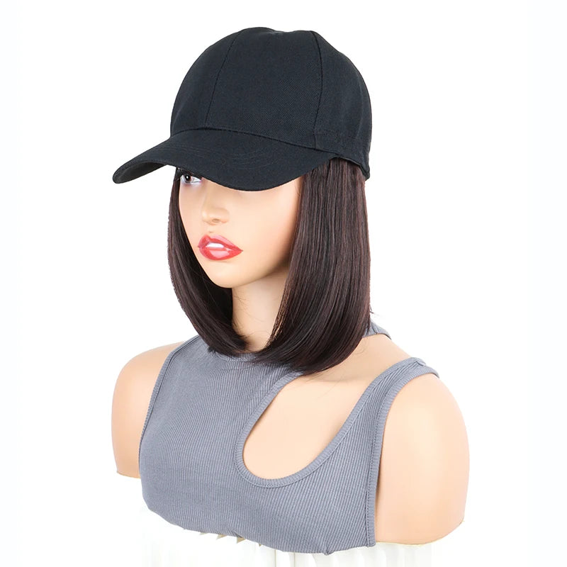12Inch Synthetic Baseball Cap Hair Extensions Short Straight Bob Adjustable Hat Wig Easy Wear for Daily Party Women