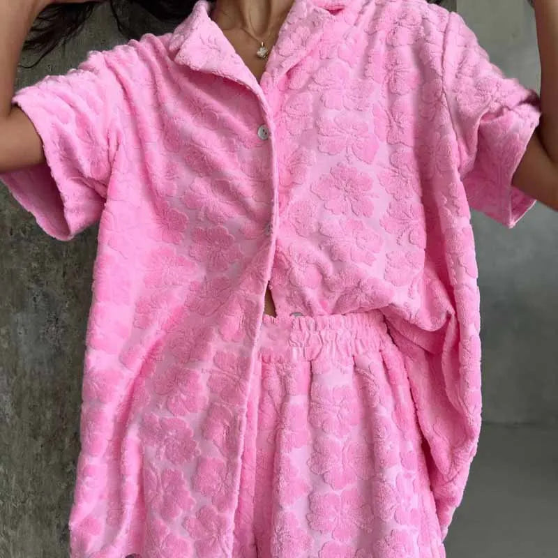 Women Casual Loose Pink Pajamas Sets Fashion Lapel Button Shirt & Short Pant Suit Elegant Flower Print Pockets 2Pc Outfits