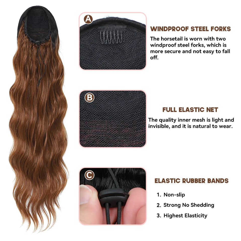 Queue de cheval à cordon de serrage de 28 pouces Extensions de cheveux synthétiques pour femmes noires Longue queue de cheval ondulée à clipser haute température pour femme afro