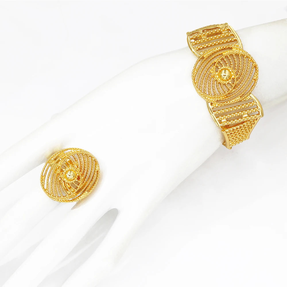 African Wedding Jewelry Set Exaggerated Design Necklace Bracelet Earring Rings For Women Fashion Party Gift 18K Gold Plated