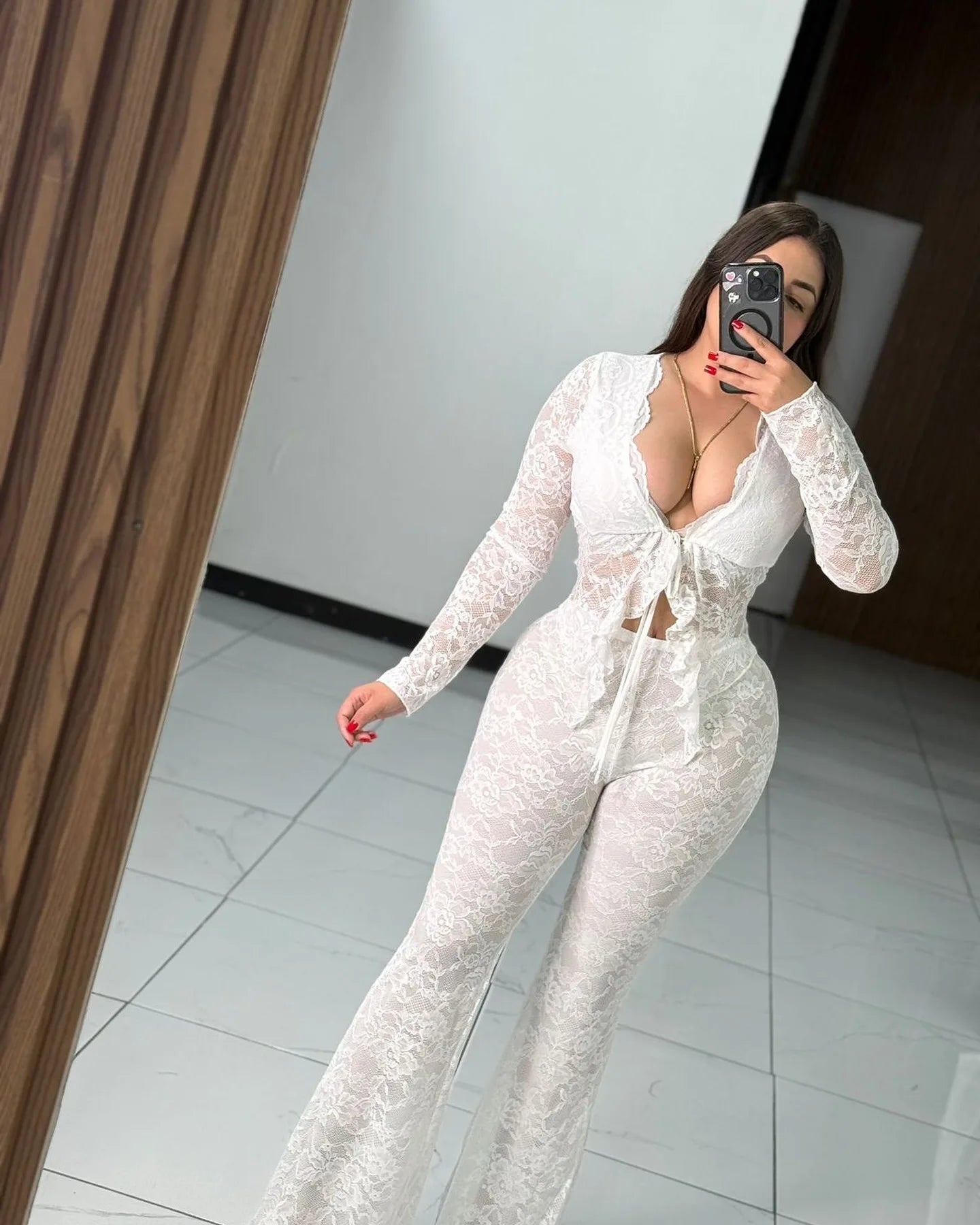 Pant Sets Women Two Pieces Cardigan Lace Sexy Tops Tracksuit Full Wide Leg Pants Loose Fit Casual Spliced High Waist Solid