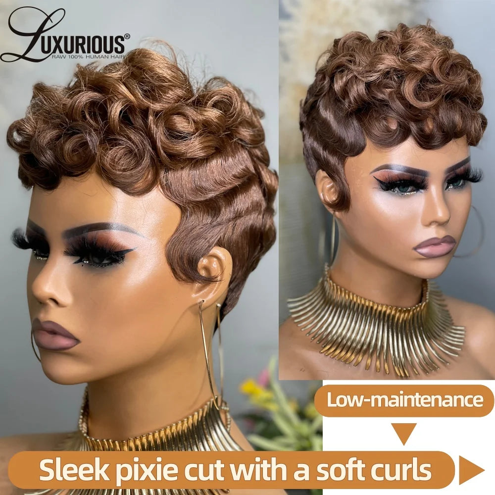 613 Blonde Wig Pixie Cut Human Hair Wig Short Bob Full Machine Made Wigs with Bangs Virgin Brazilian Wig for Women 180% Density