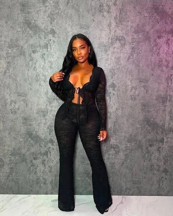 Pant Sets Women Two Pieces Cardigan Lace Sexy Tops Tracksuit Full Wide Leg Pants Loose Fit Casual Spliced High Waist Solid