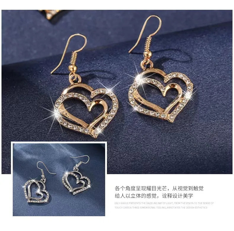 Women's Fashion Double Heart Jewelry Set Girls Delicate Necklace Earrings Bracelet Trendy Accessories Anniversary Wedding Gift