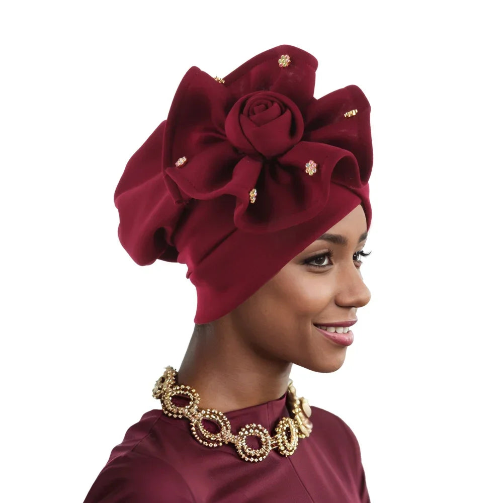 2025 Trendy Women Big Flower Turban Hat Fashion Muslim Hijab Caps Beads Head Wrap Bonnet Bandana Chemo Cap African Headties Hats