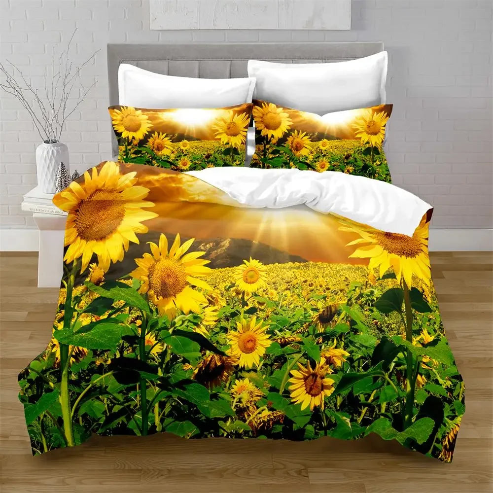 Juego de funda nórdica de girasol, flores amarillas, exuberantes girasoles en el campo, juego de cama de microfibra, estampado floral botánico, funda de edredón