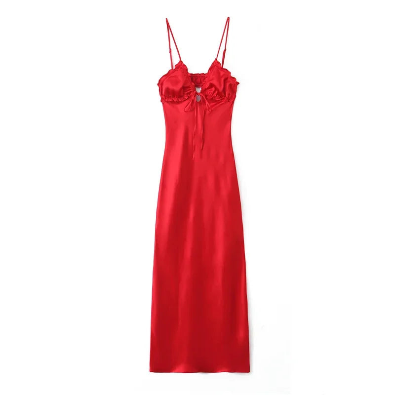 women's clothing summer new beach style fashion temperament elegant satin texture ruffled sling midi dress 3573/331