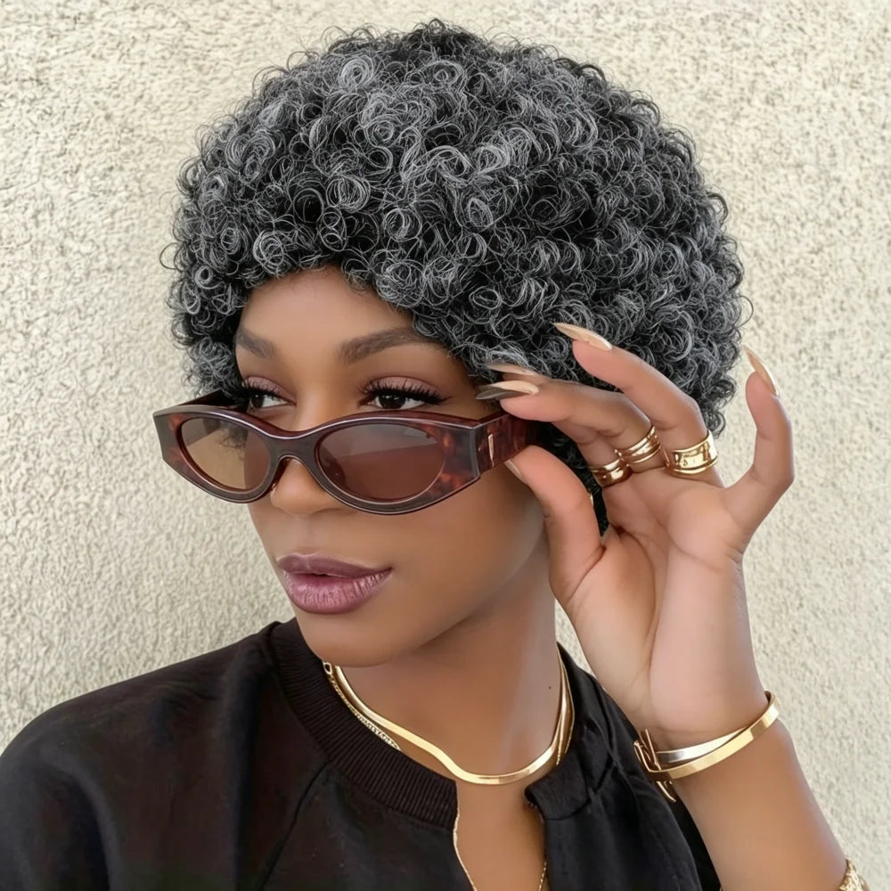 Natural Salt and Pepper Gray Short Afro Kinky Curly Human Hair Wig, Full Machine Made Human Hair Wigs with Bangs,for Daily & Par