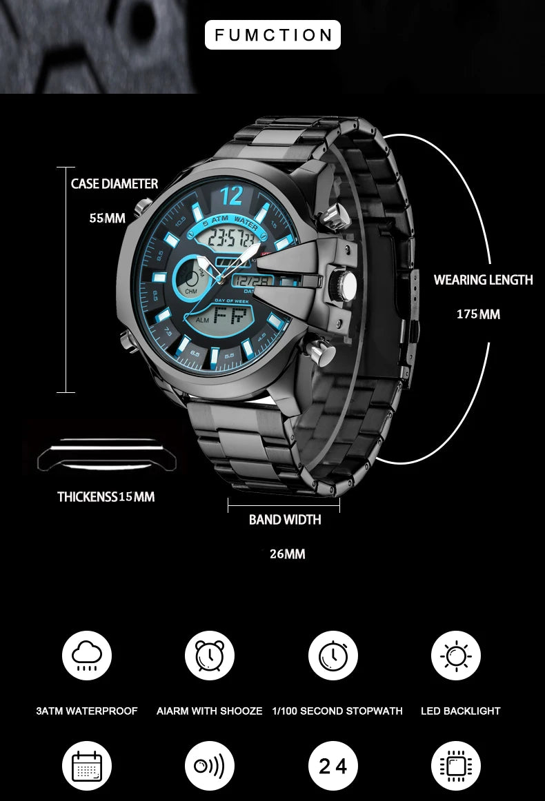 KAT-WACH Men Big Dial Wrist Watches Gold Top Brand Luxury Male Clock 2024 Gold Black Quartz Dual Display Chronograph Dropship