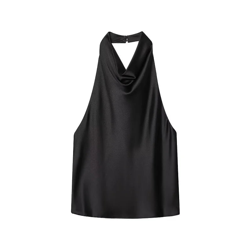 MUJER Halter Tops for Women Black Satin Backless Top Female Pink Summer Beach Top Woman off Shoulder Camisole Top Women